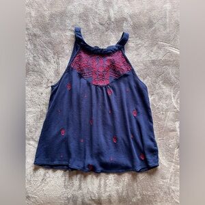BOHO Picnic Core Navy Blue Flowy Halter Tie Tank Top Women’s Sz Small EUC